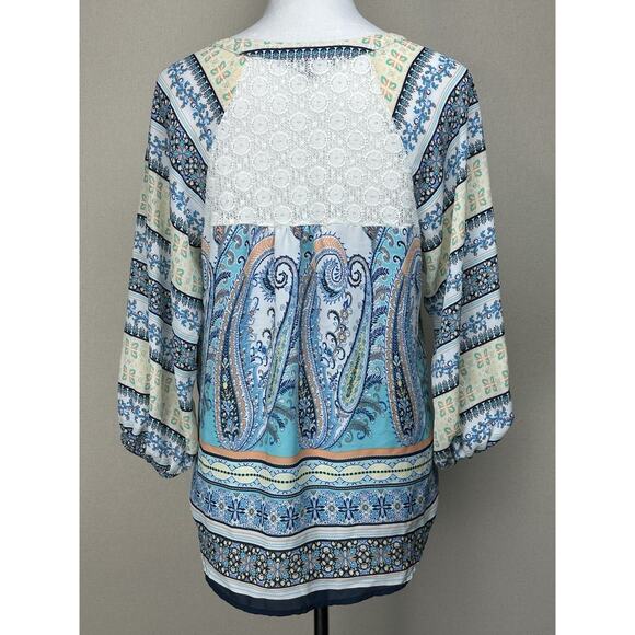 Valerie Stevens Women's colorful peasant bohemian Blouse M Lace Back Tie Front - Picture 6 of 13